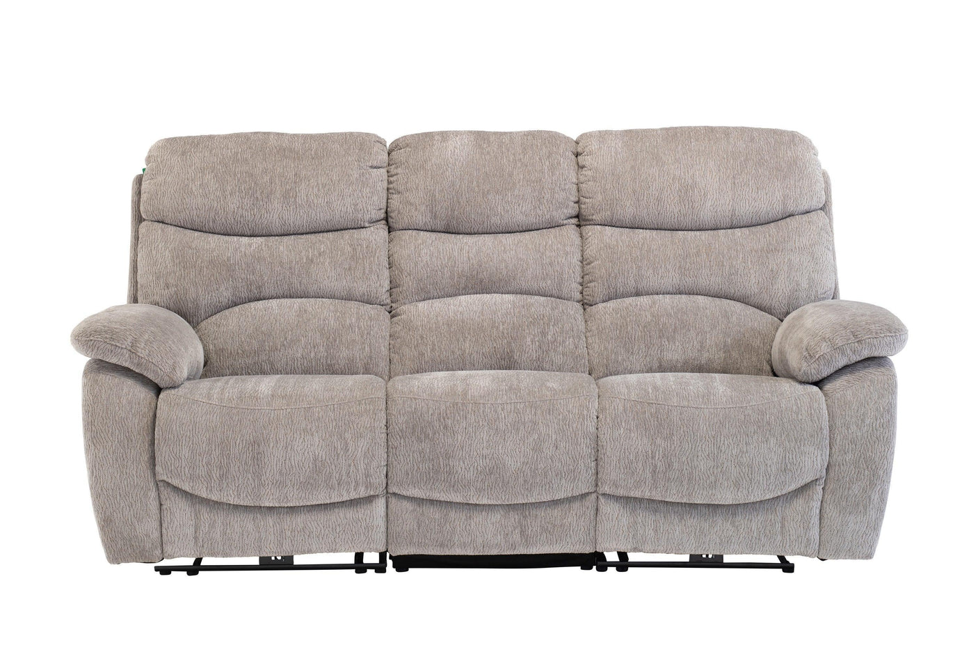 light grey fabric recliner sofa with plush cushions and wide padded armrests, front view