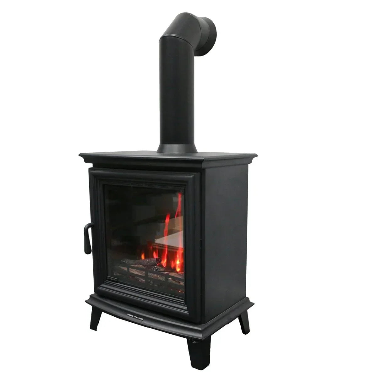 Black electric stove heater with visible flame effect and chimney pipe on white background