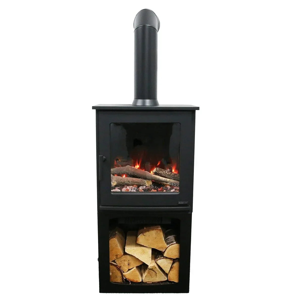 Black wood burning stove with glass door and log storage compartment below