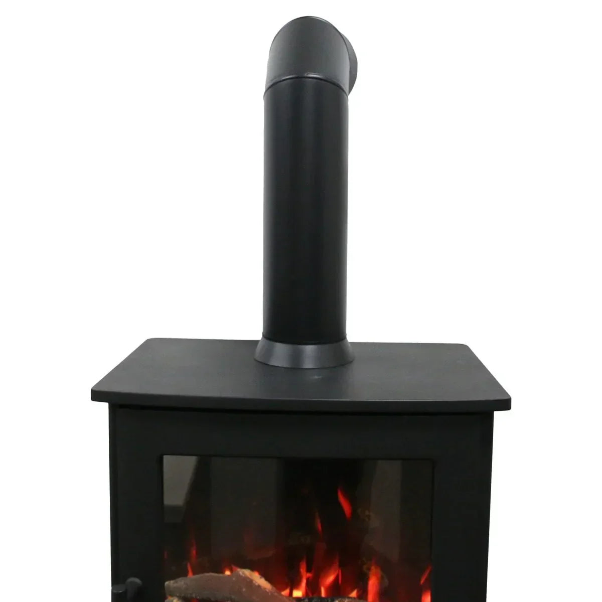 Black freestanding electric stove heater with flame effect and chimney pipe