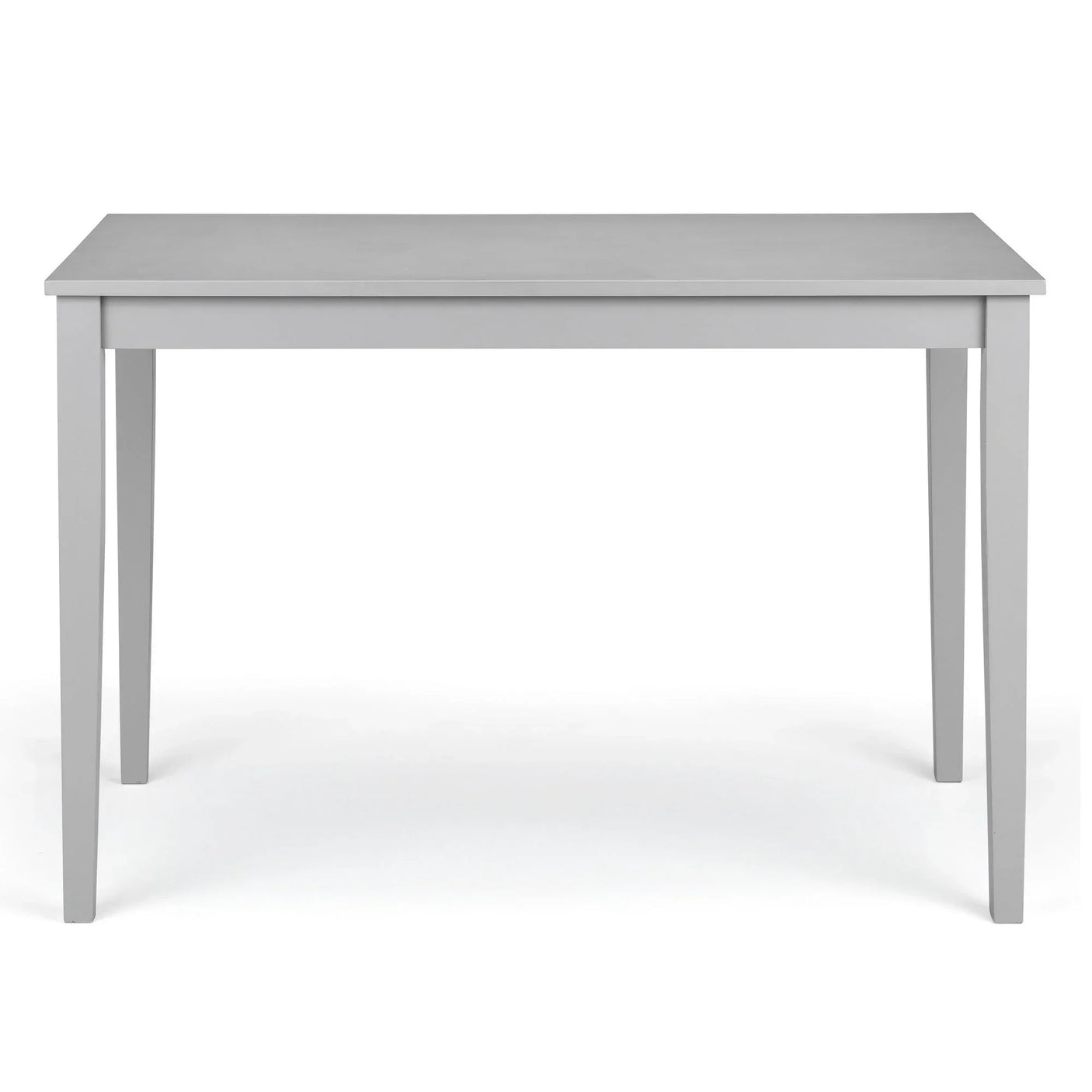 Grey dining table with rectangular top and straight legs, front view against white background