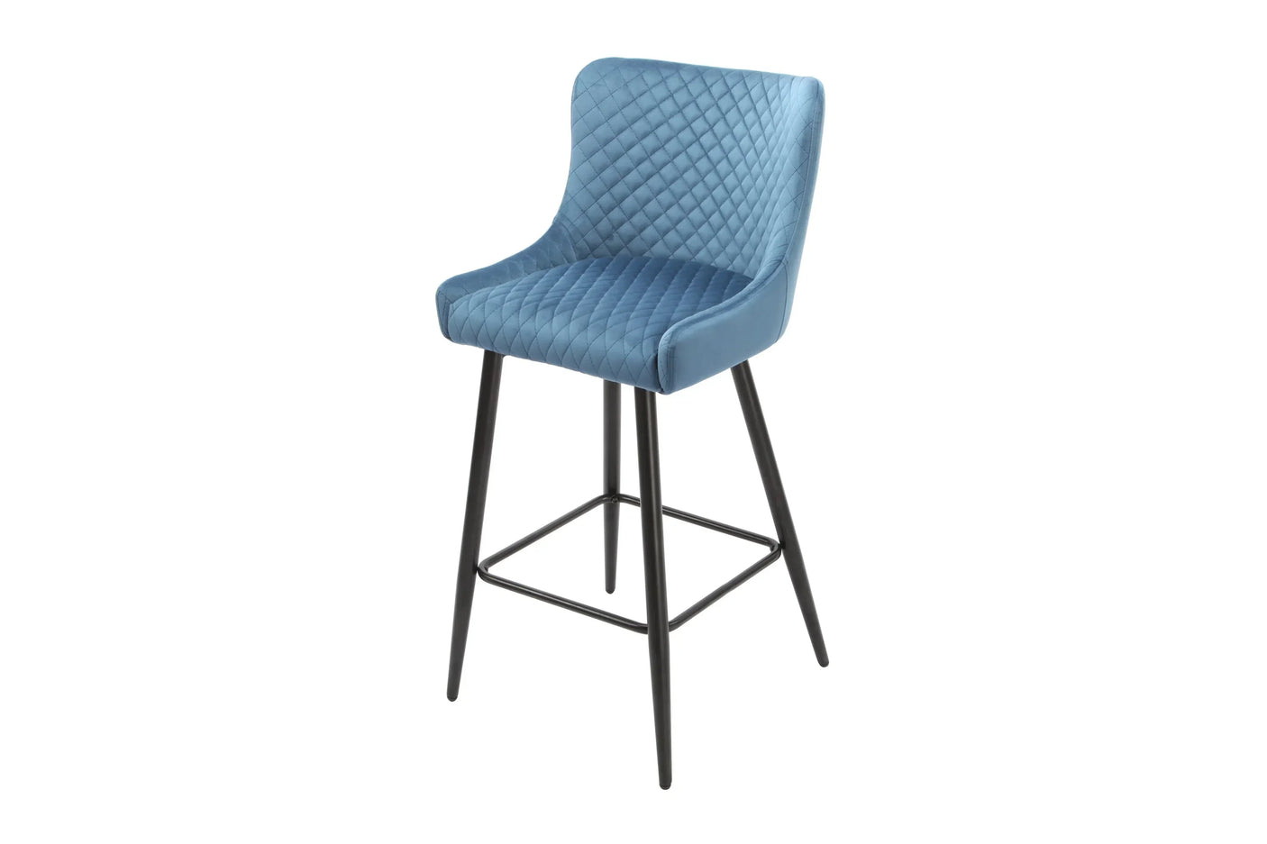 Blue bar stool with quilted fabric seat and black metal legs on white background
