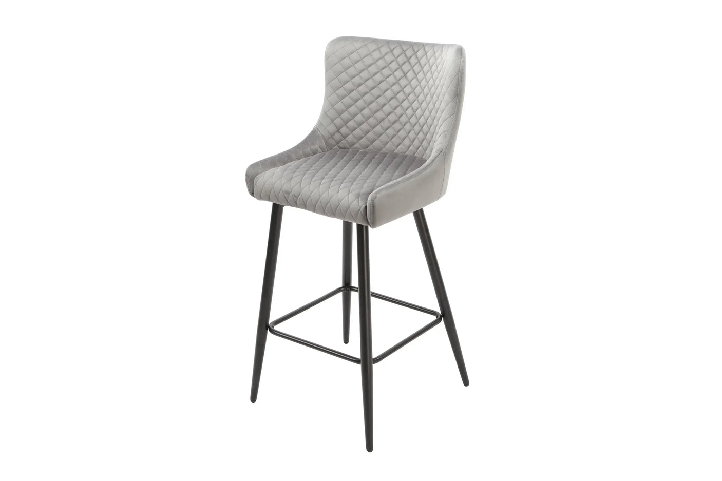 Grey bar stool with quilted velvet seat and black metal legs, side angle view