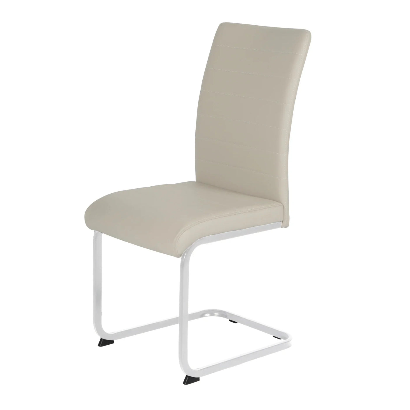 Taupe dining chair with chrome cantilever legs and cushioned faux leather seat