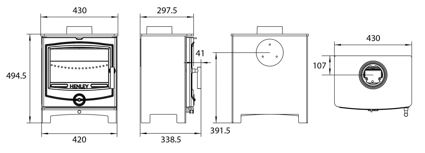 wood burning stove technical drawing with dimensions and front, side, back, top views