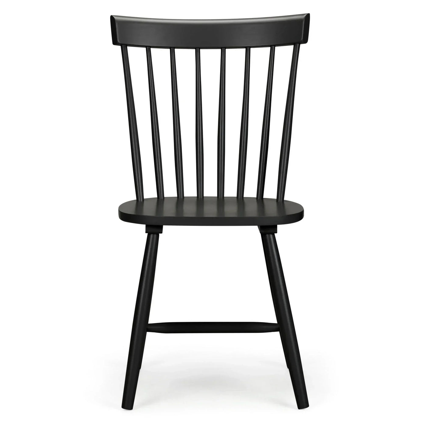 Black wooden dining chair with spindle backrest and angled legs, front view
