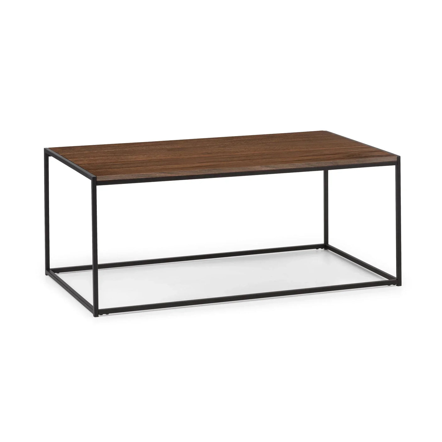 Rectangular walnut coffee table with black metal frame on white background