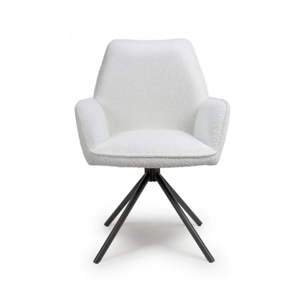 White accent chair with metal legs and armrests, front view on white background