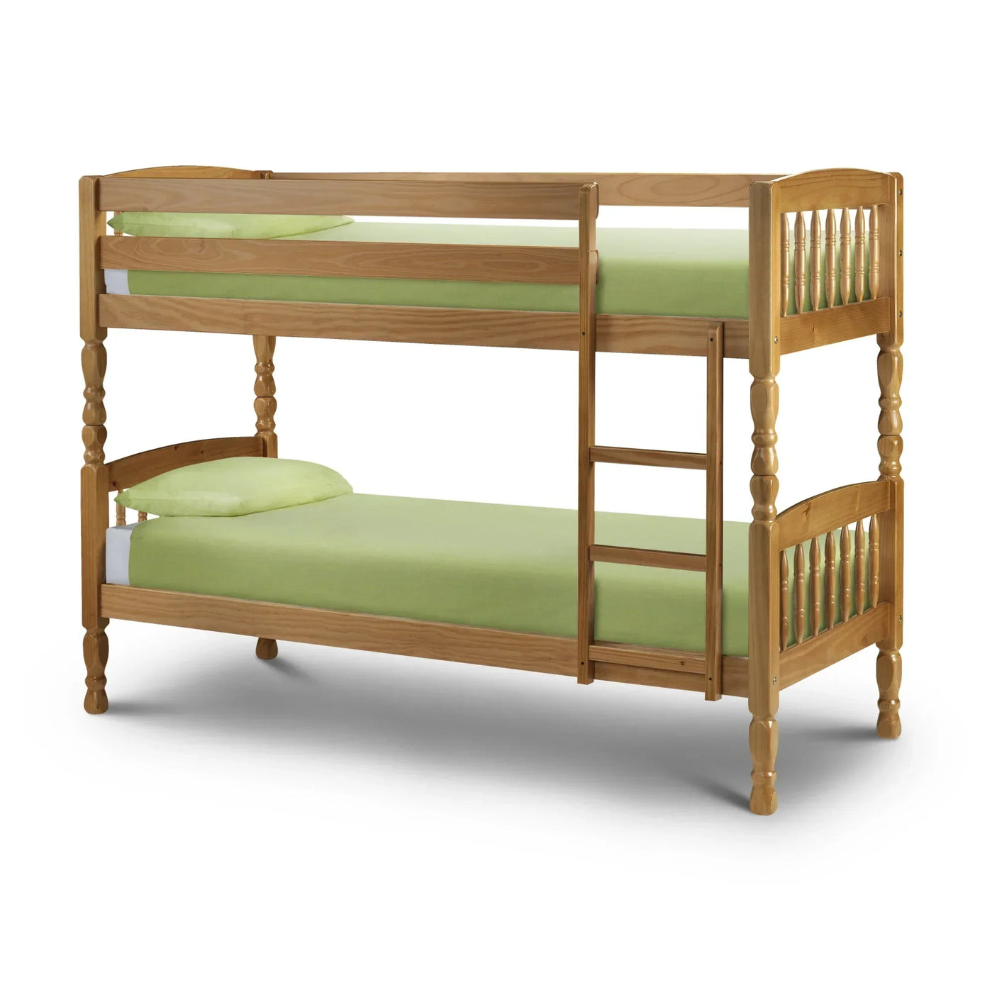 Wooden bunk bed with two single beds, green bedding, and built-in ladder