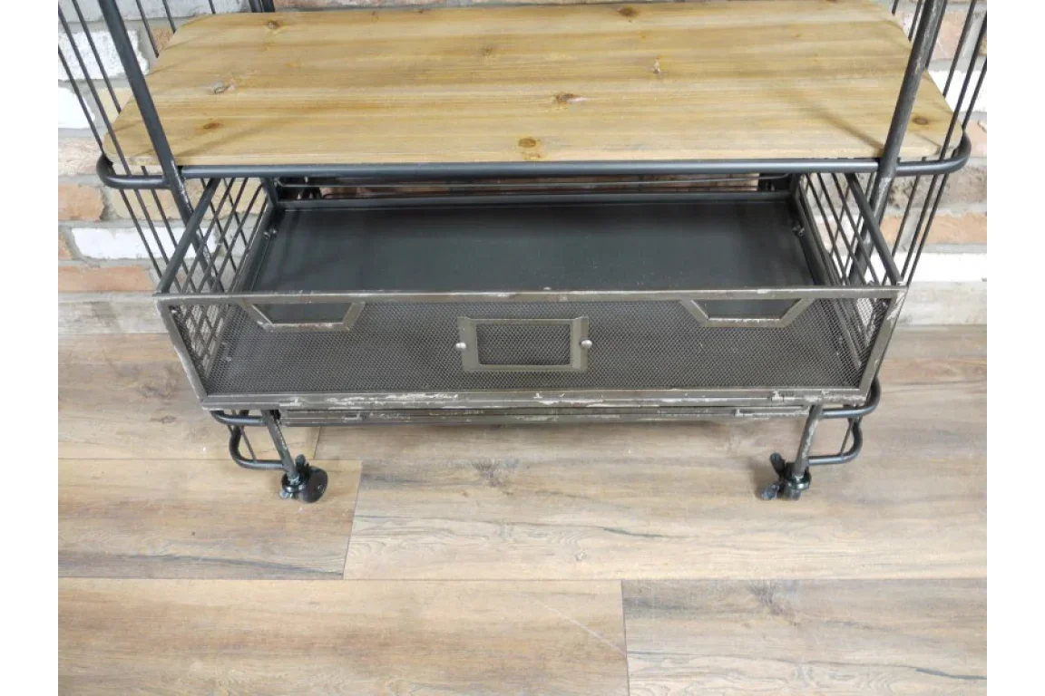 Industrial storage trolley with metal mesh drawer and wooden shelf on castor wheels