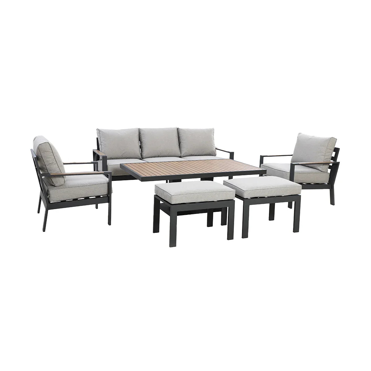 Grey outdoor sofa set with metal frame, matching armchairs, table, and cushioned stools