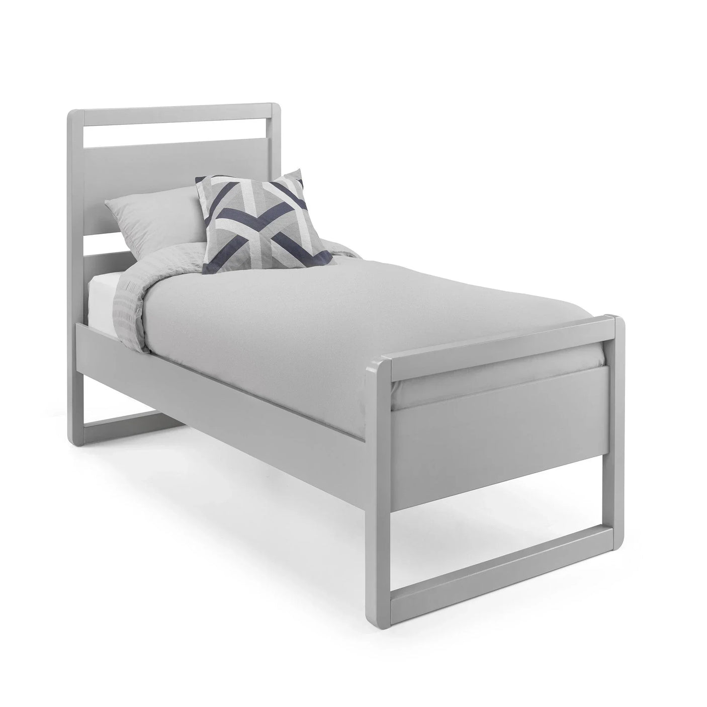 Dove grey single bed frame with modern slatted headboard and geometric cushion