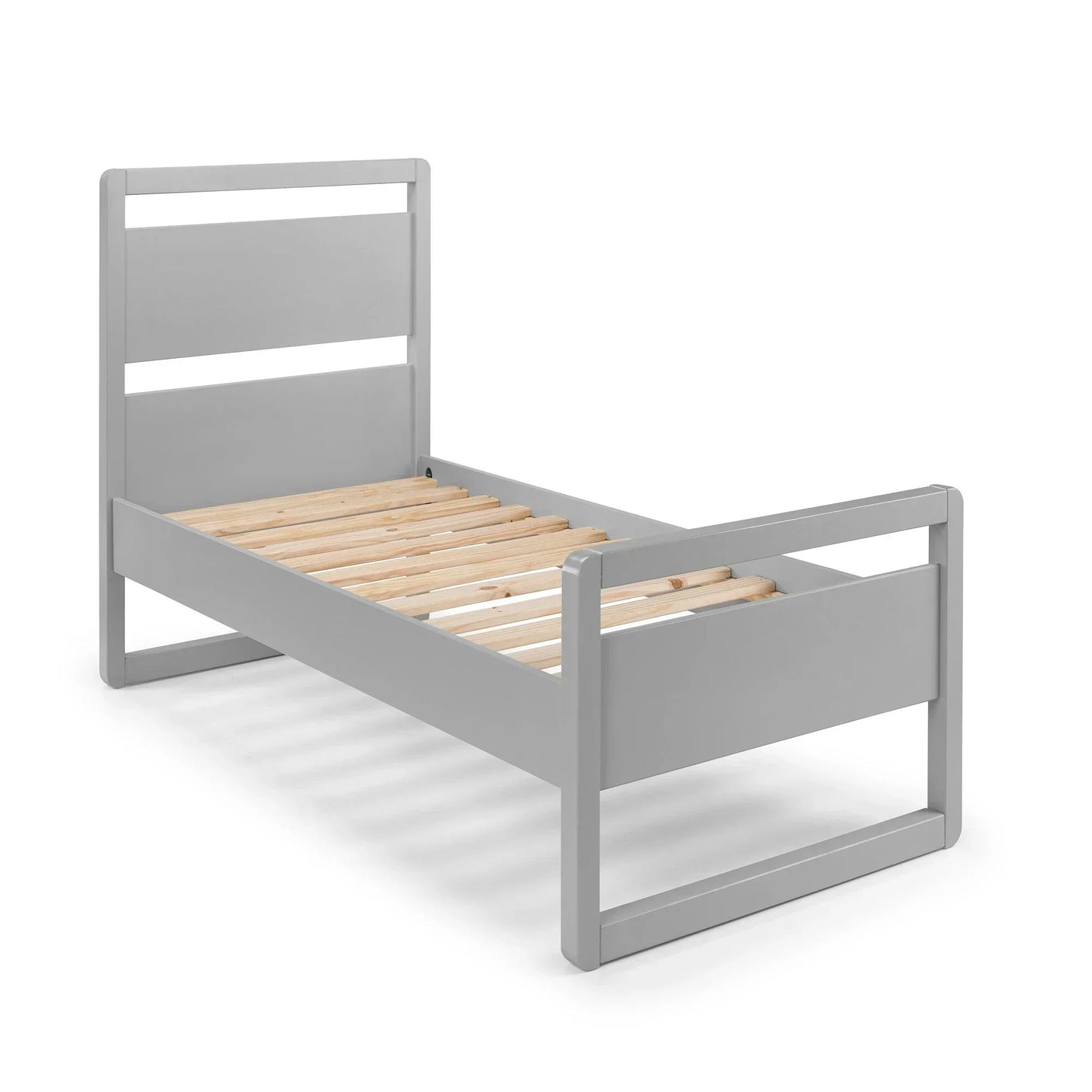 Dove grey single bed frame with slatted wooden base and modern headboard, angled view