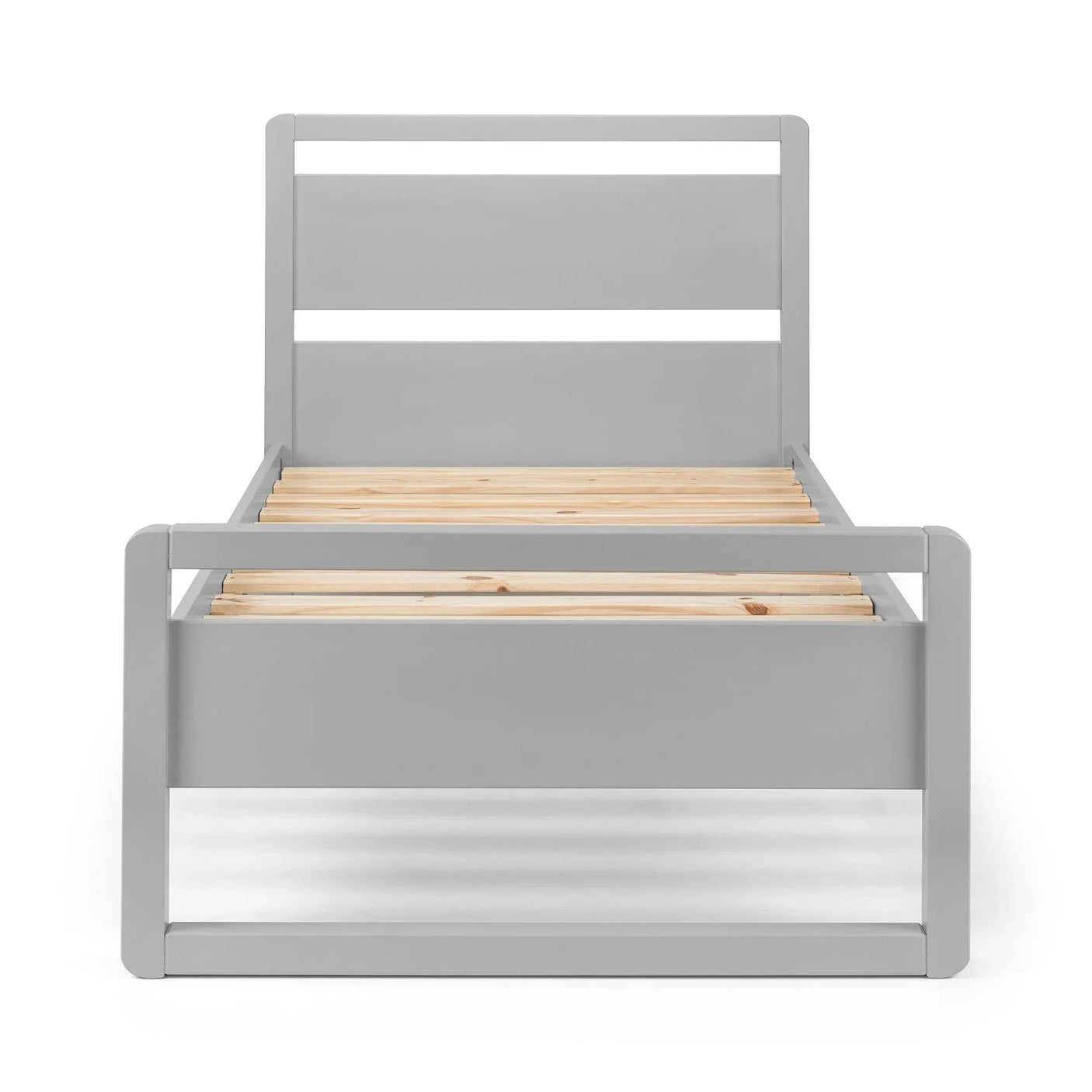 Dove grey single bed frame with wooden slats, front view, modern design