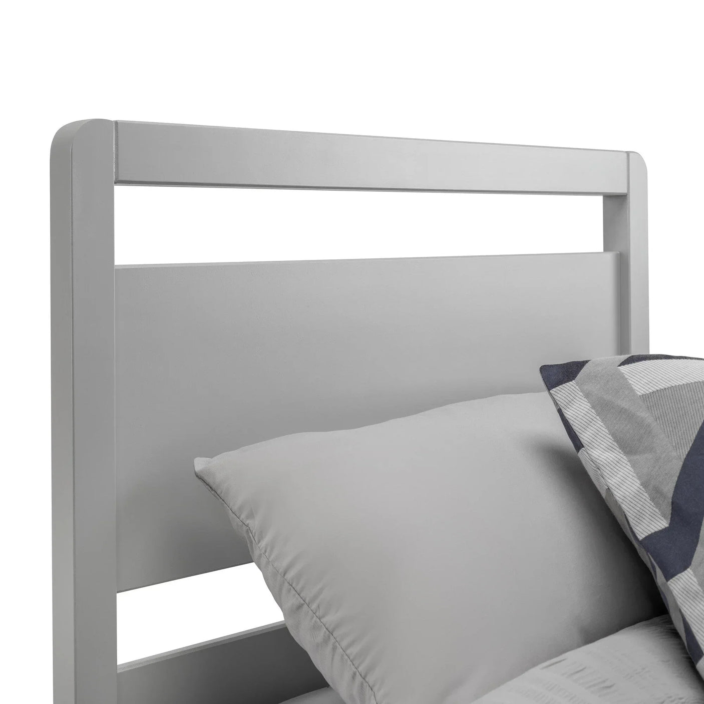 Dove grey single bed frame with slatted headboard and neatly arranged bedding