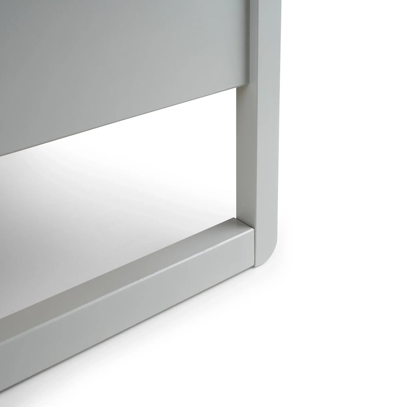 Close-up of Venice bed dove grey 90cm wooden frame leg and smooth painted finish