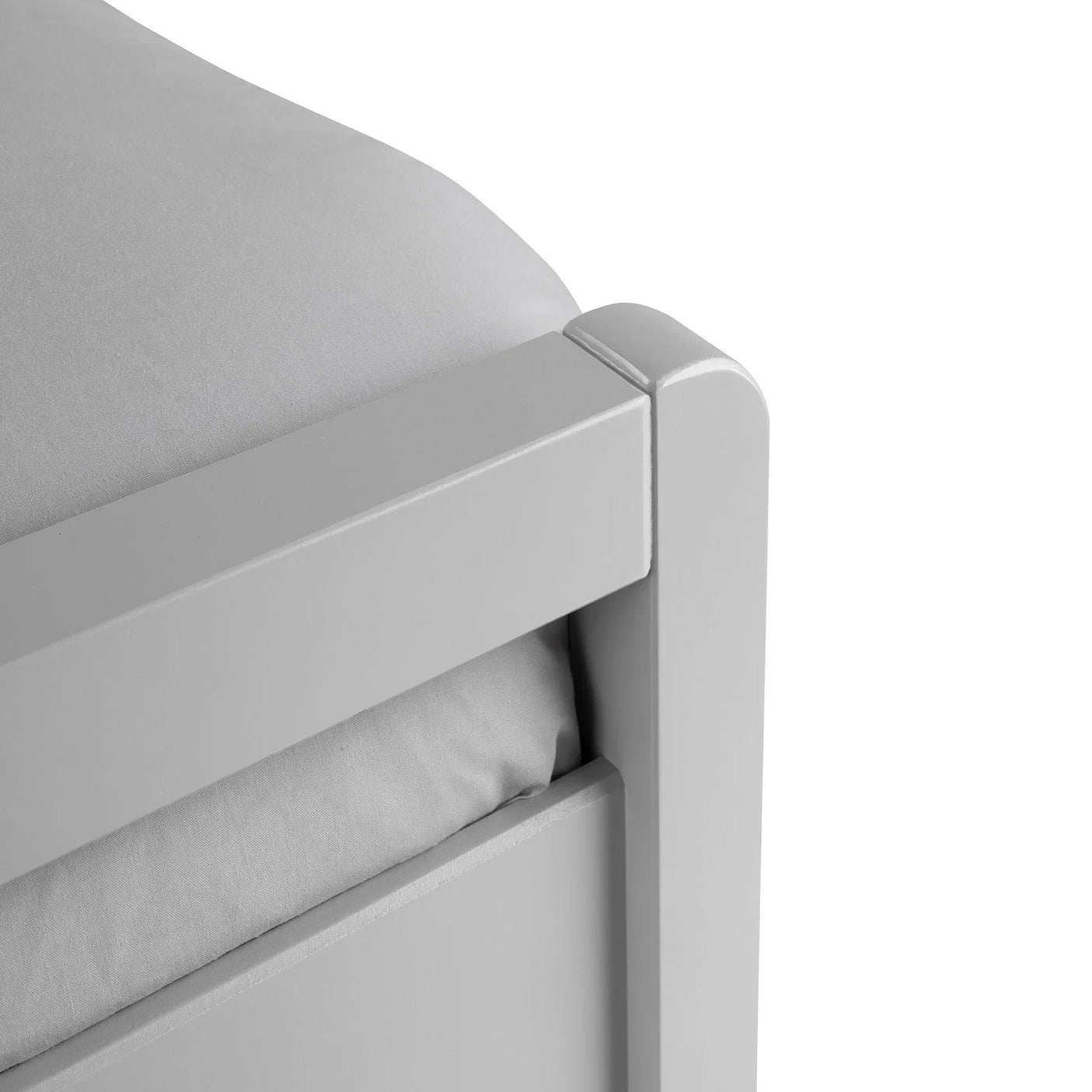 Dove grey bed frame corner detail with mattress, smooth finish, modern design