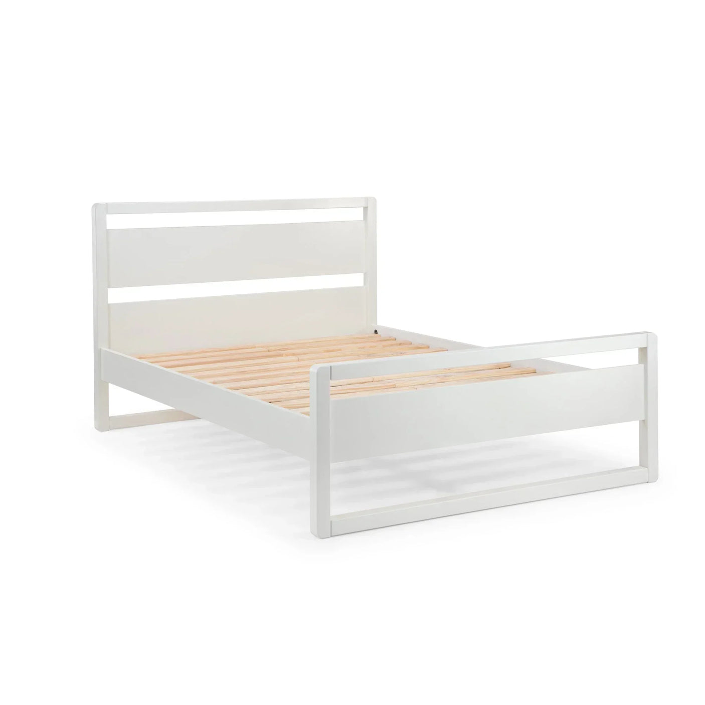 White wooden bed frame with slatted base and modern headboard