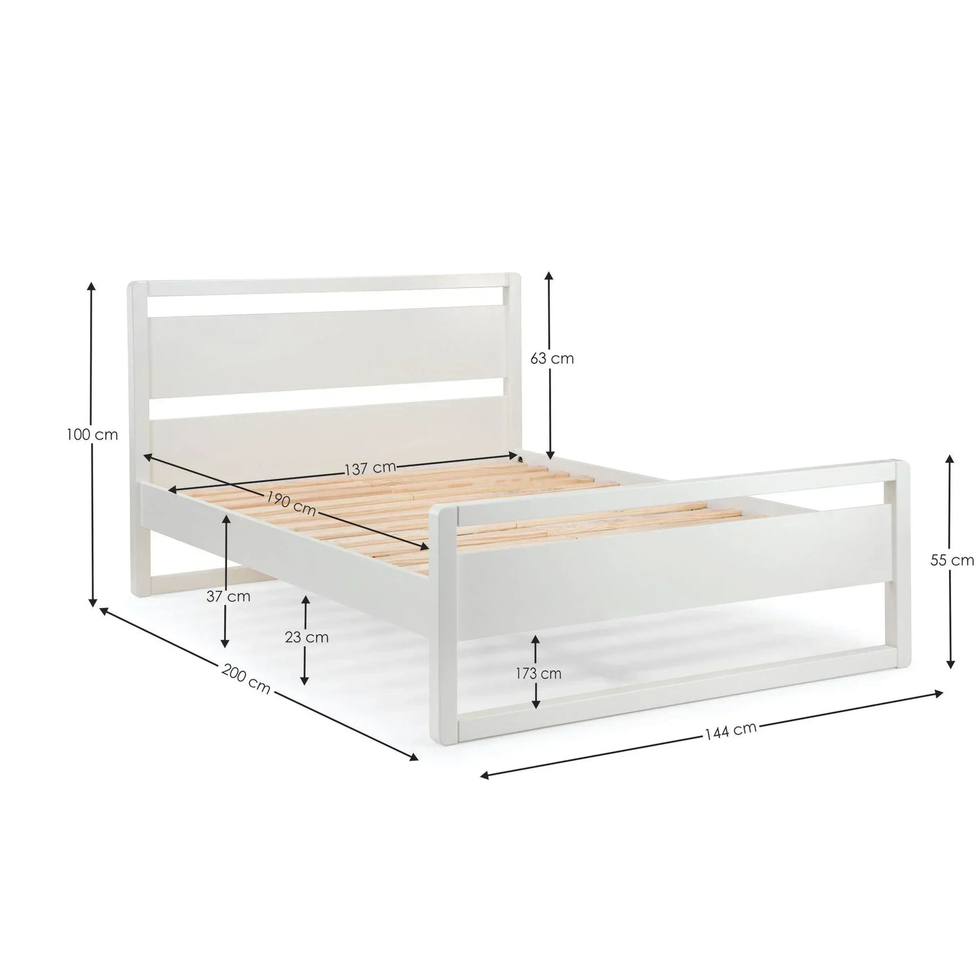 White wooden bed frame with slatted base shown with detailed dimensions on white background