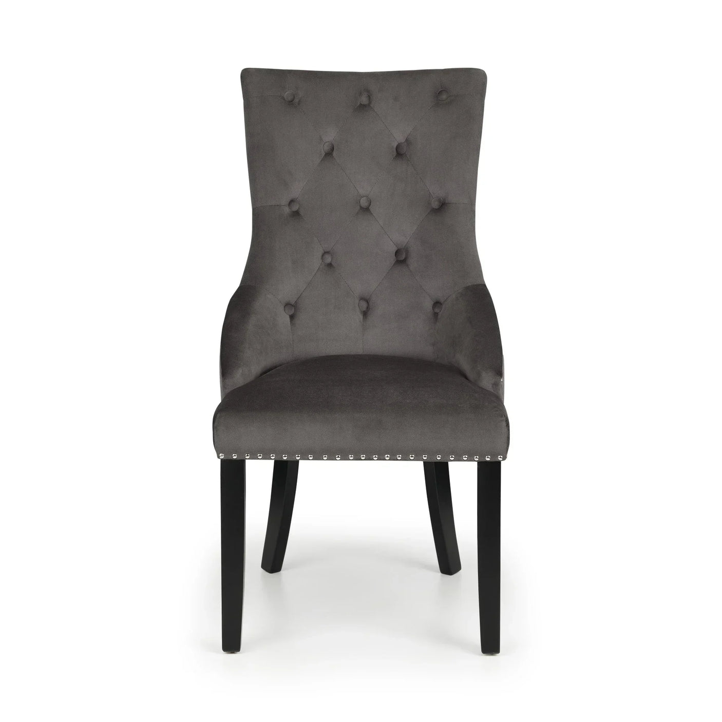 Grey velvet dining chair with button tufted backrest and black wooden legs, front view