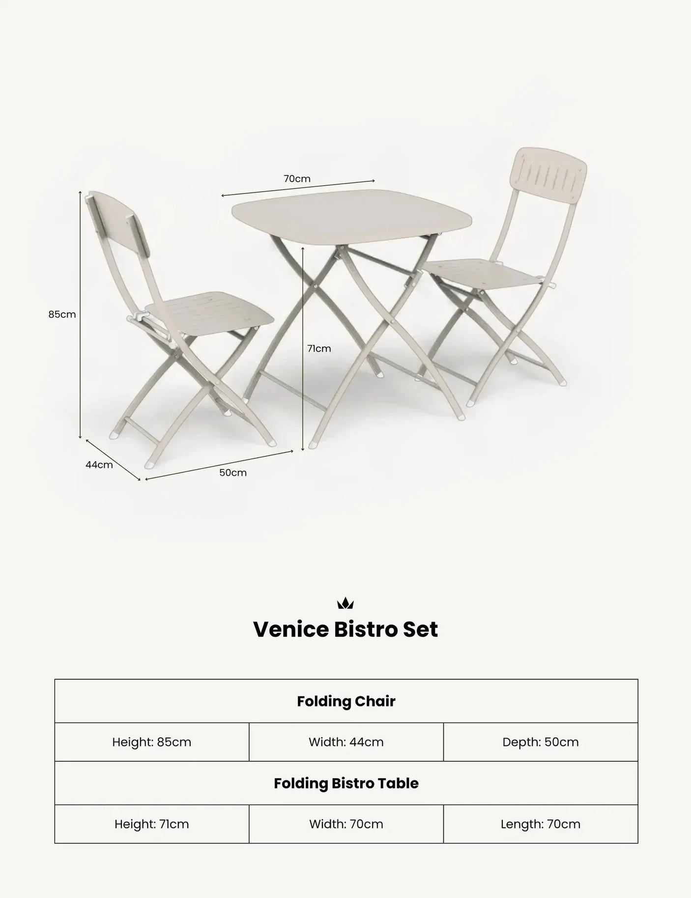 Venice bistro set with two folding chairs and square folding table, all in light grey