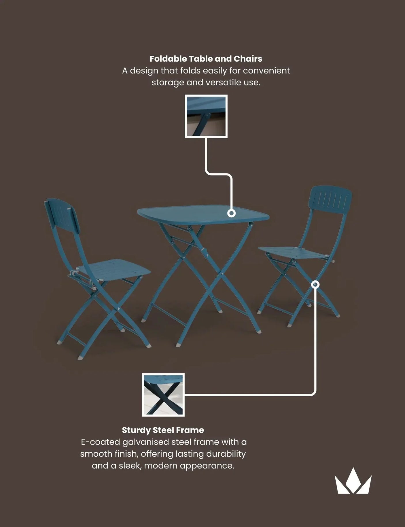 Blue foldable steel bistro table and two chairs set, shown on brown background