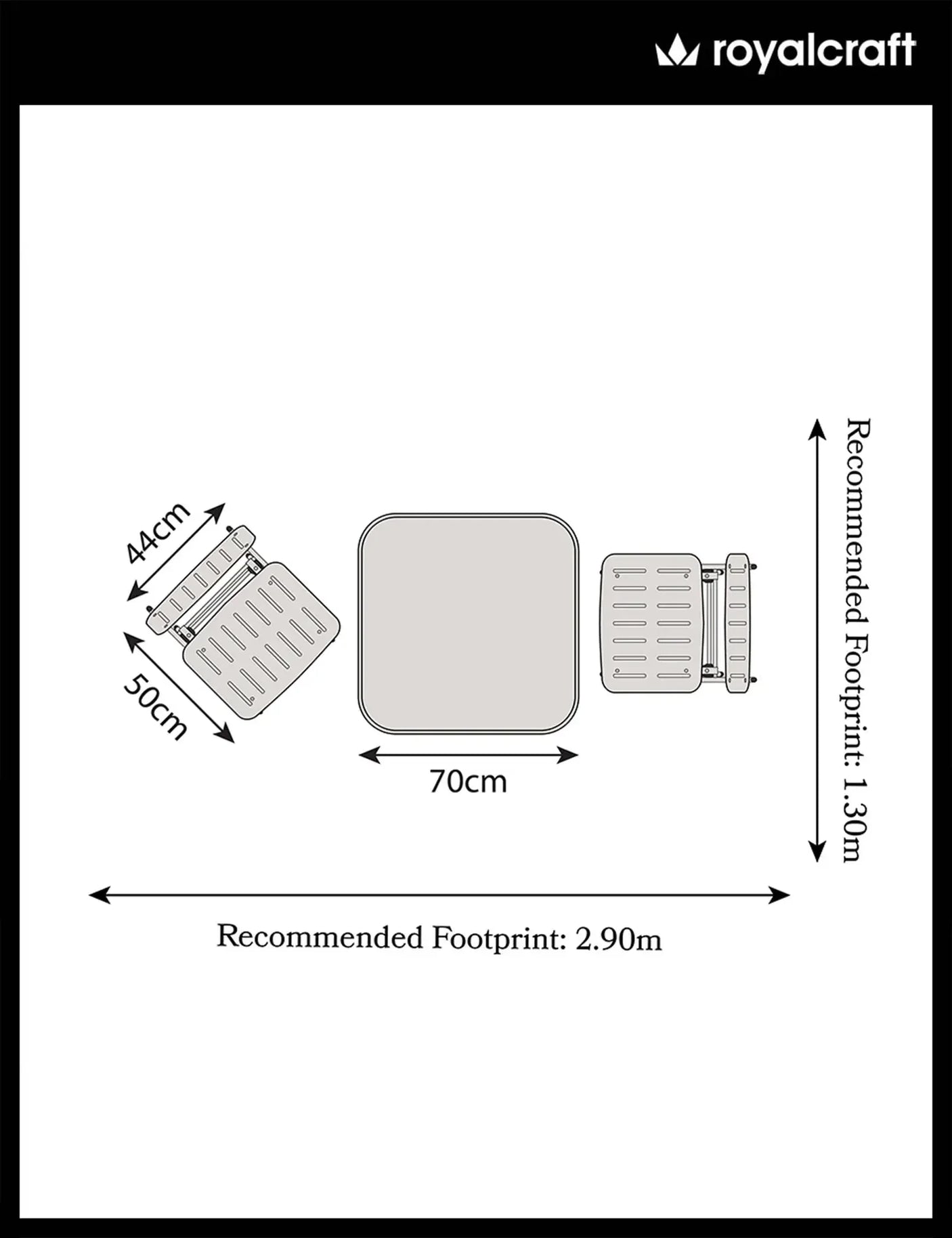 Champagne garden furniture set floor plan with chair and table dimensions labeled