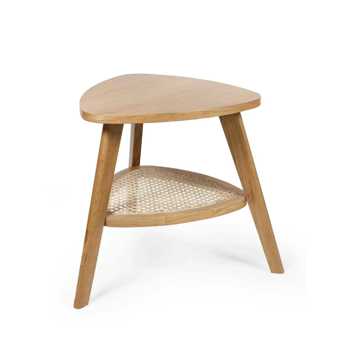 Oak side table with triangular top and woven rattan lower shelf, angled view