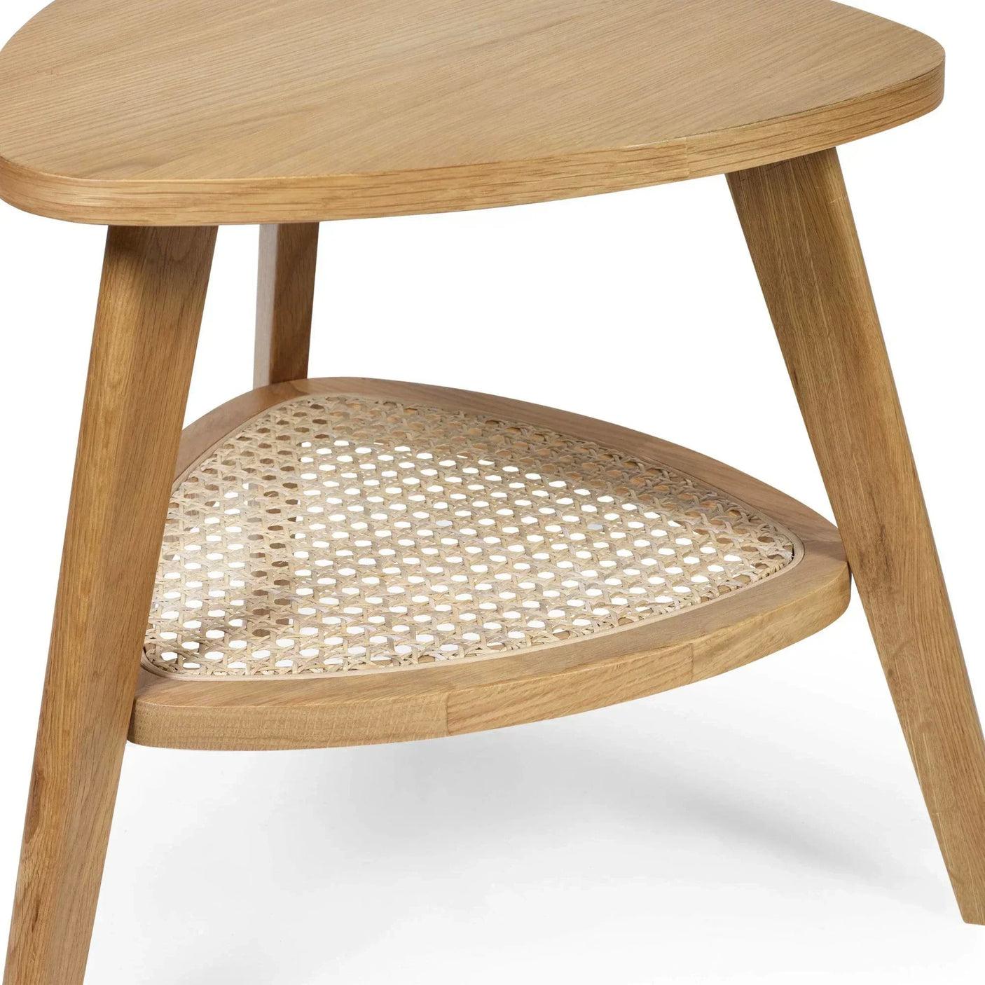 Wood side table with triangular top and cane shelf, showing angled legs and natural finish