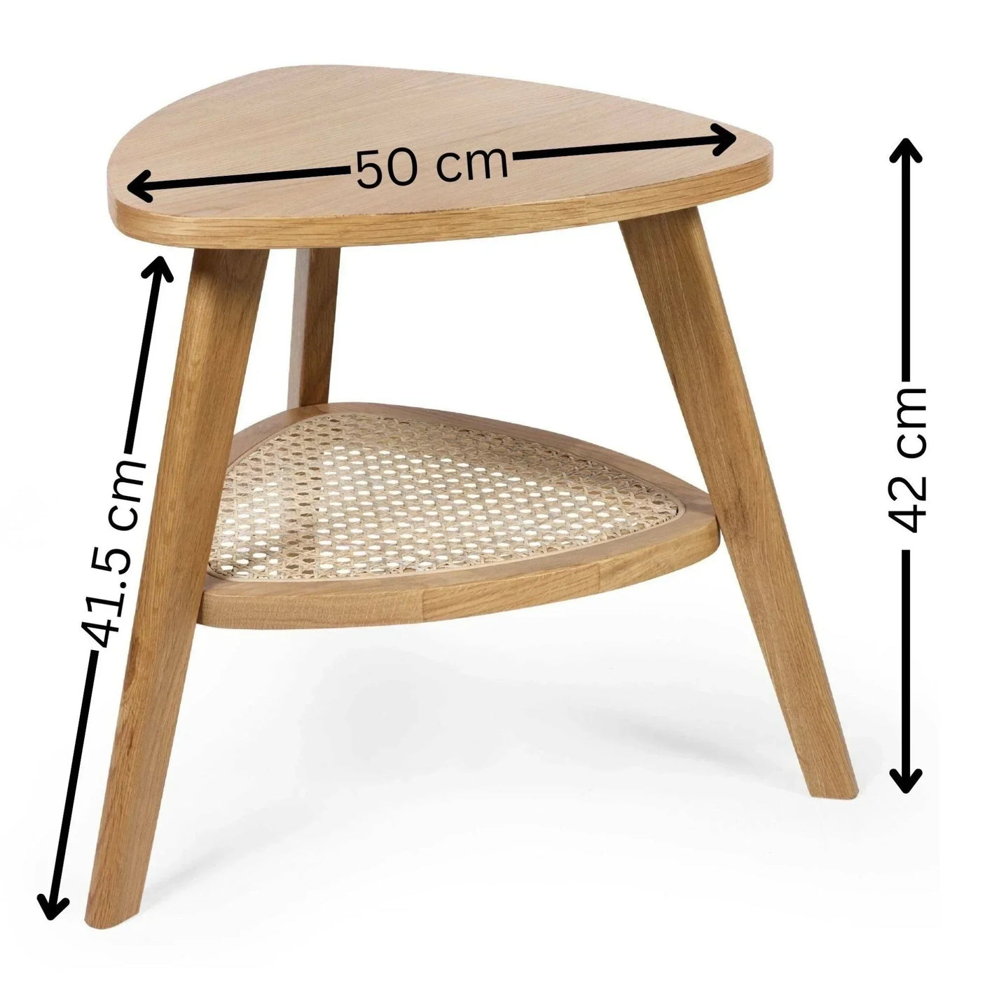 Wooden side table with rounded triangular top and cane shelf, dimensions 50x41.5x42 cm