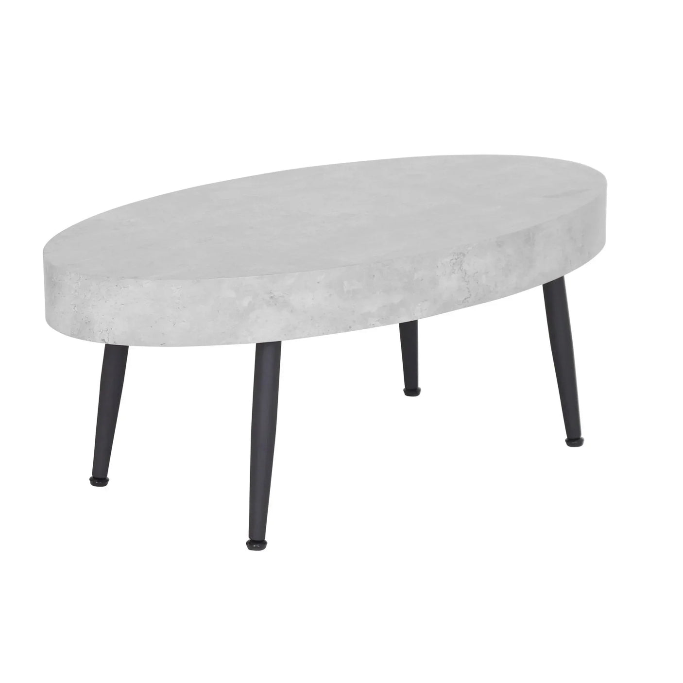 Oval concrete coffee table with black metal legs on white background