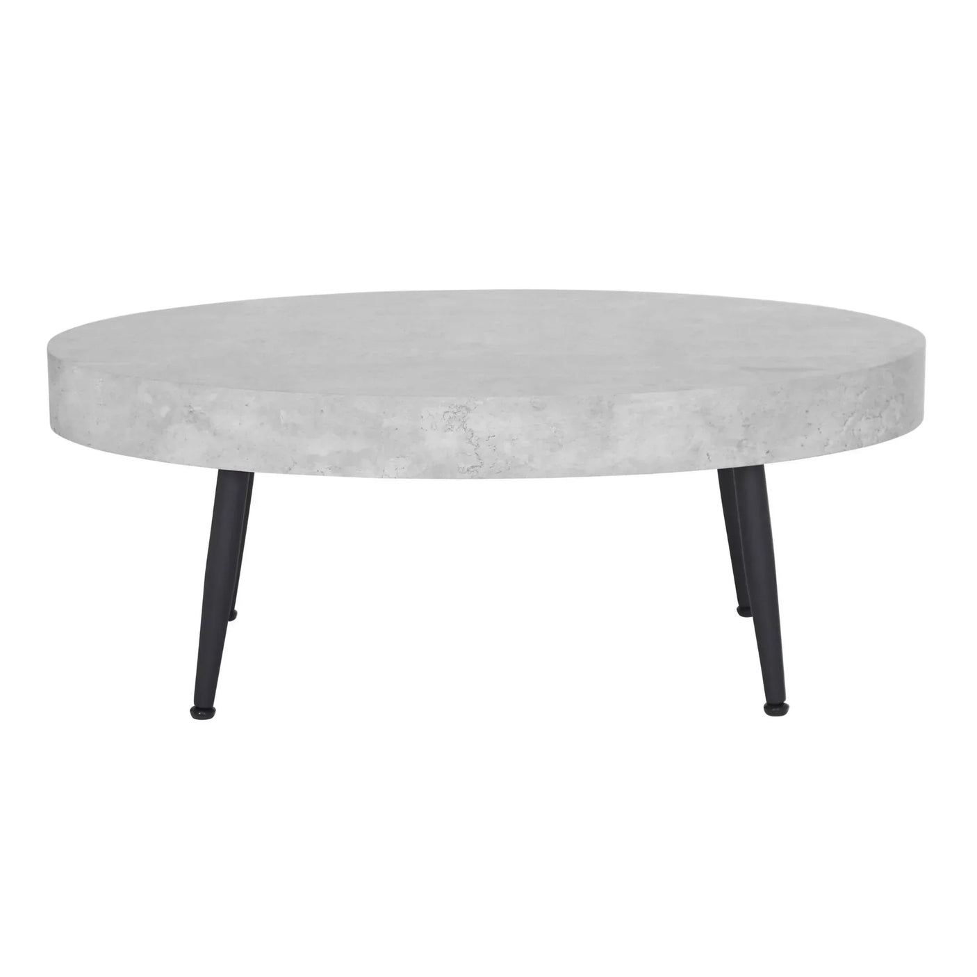 Round concrete coffee table with black metal legs on white background