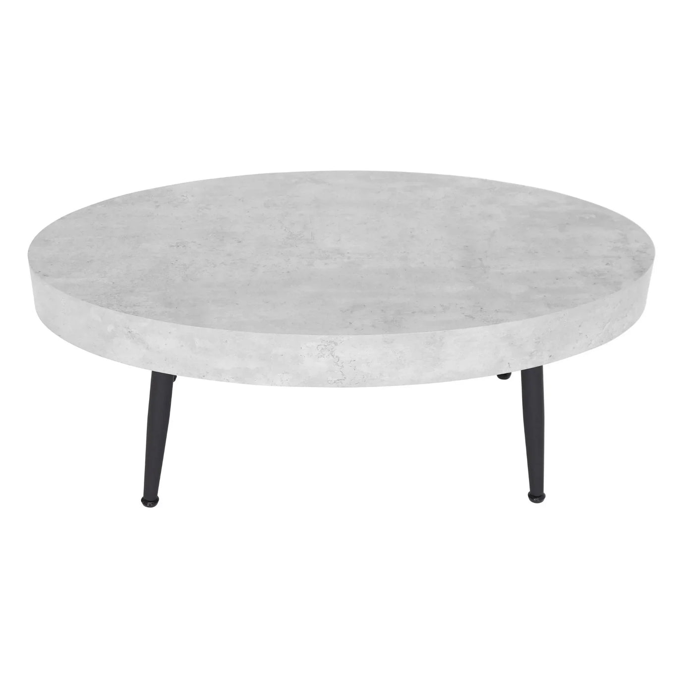 Round concrete coffee table with black metal legs on white background
