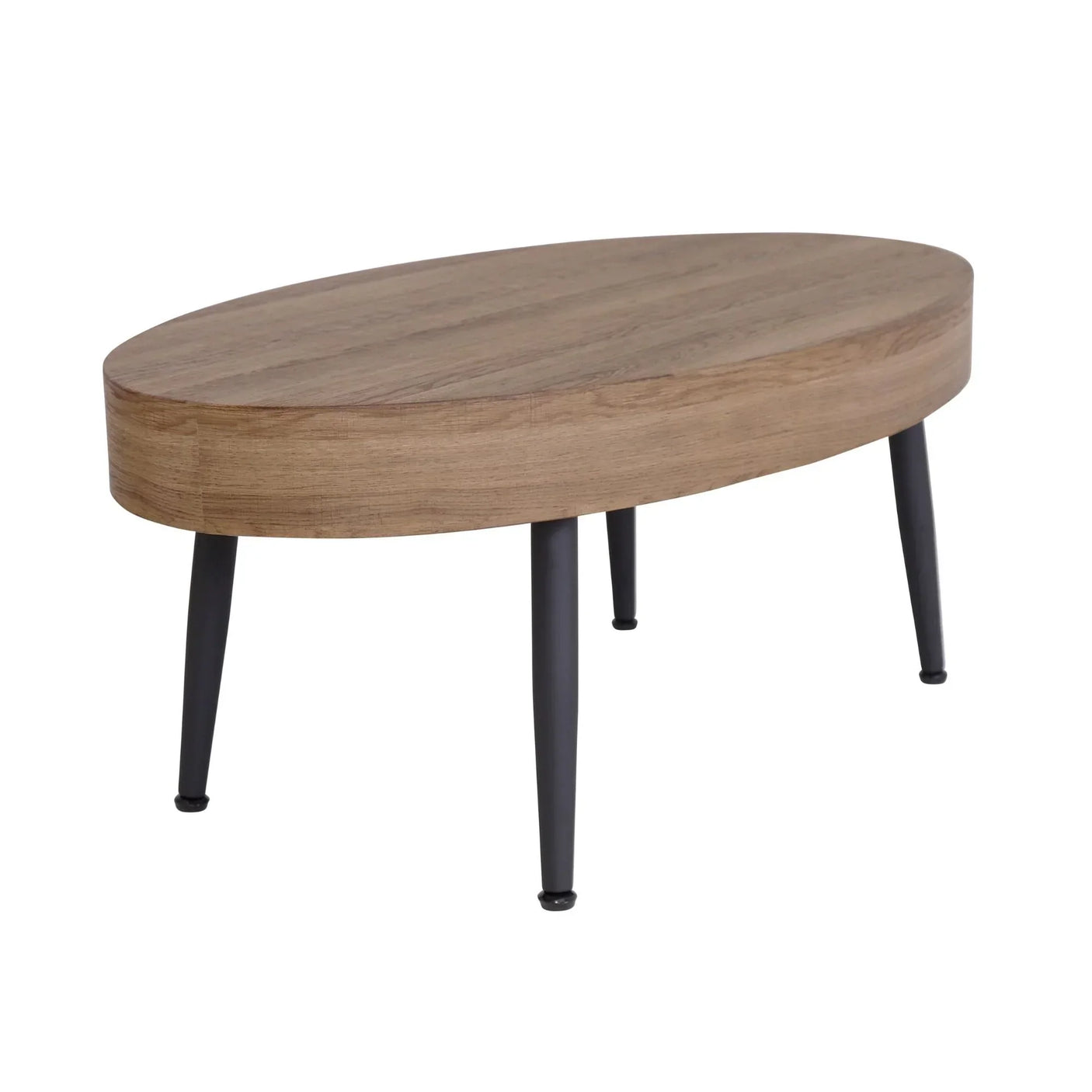Oval oak coffee table with black metal legs, modern wood finish, side angle view