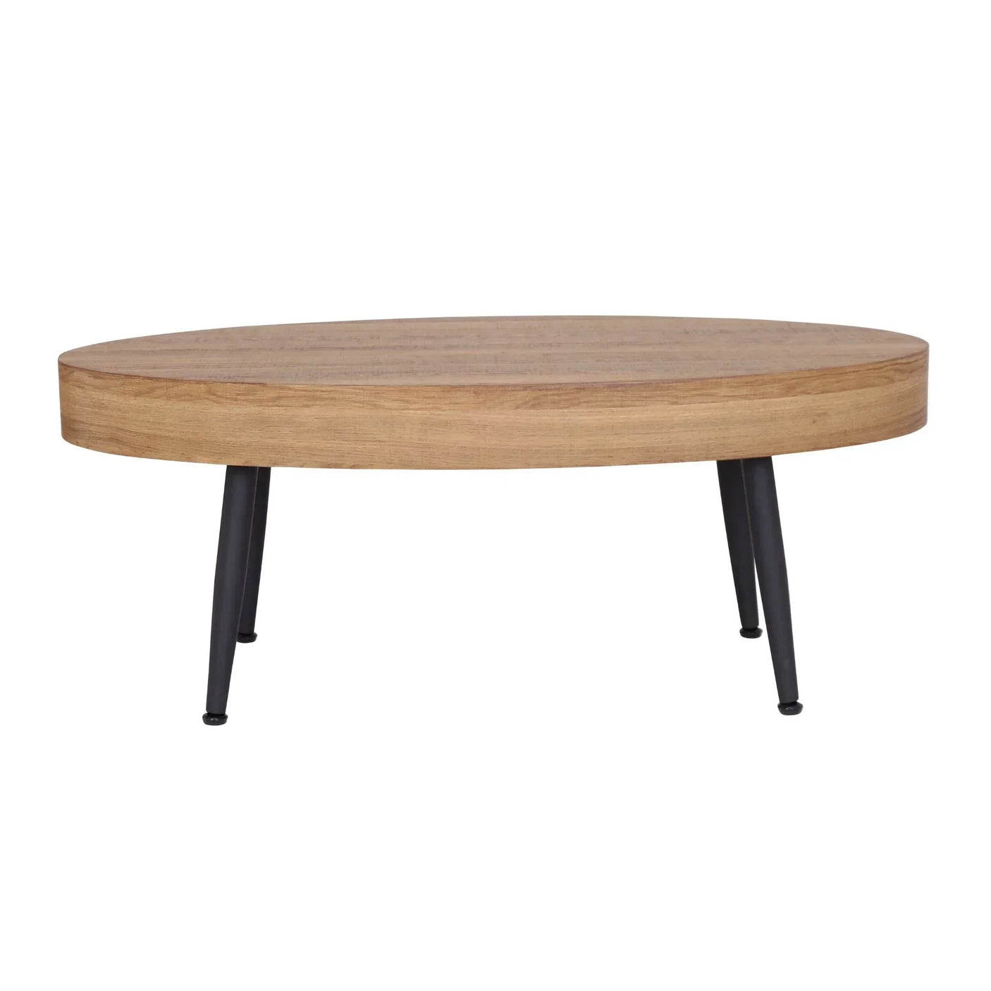 Round oak coffee table with black metal legs on white background