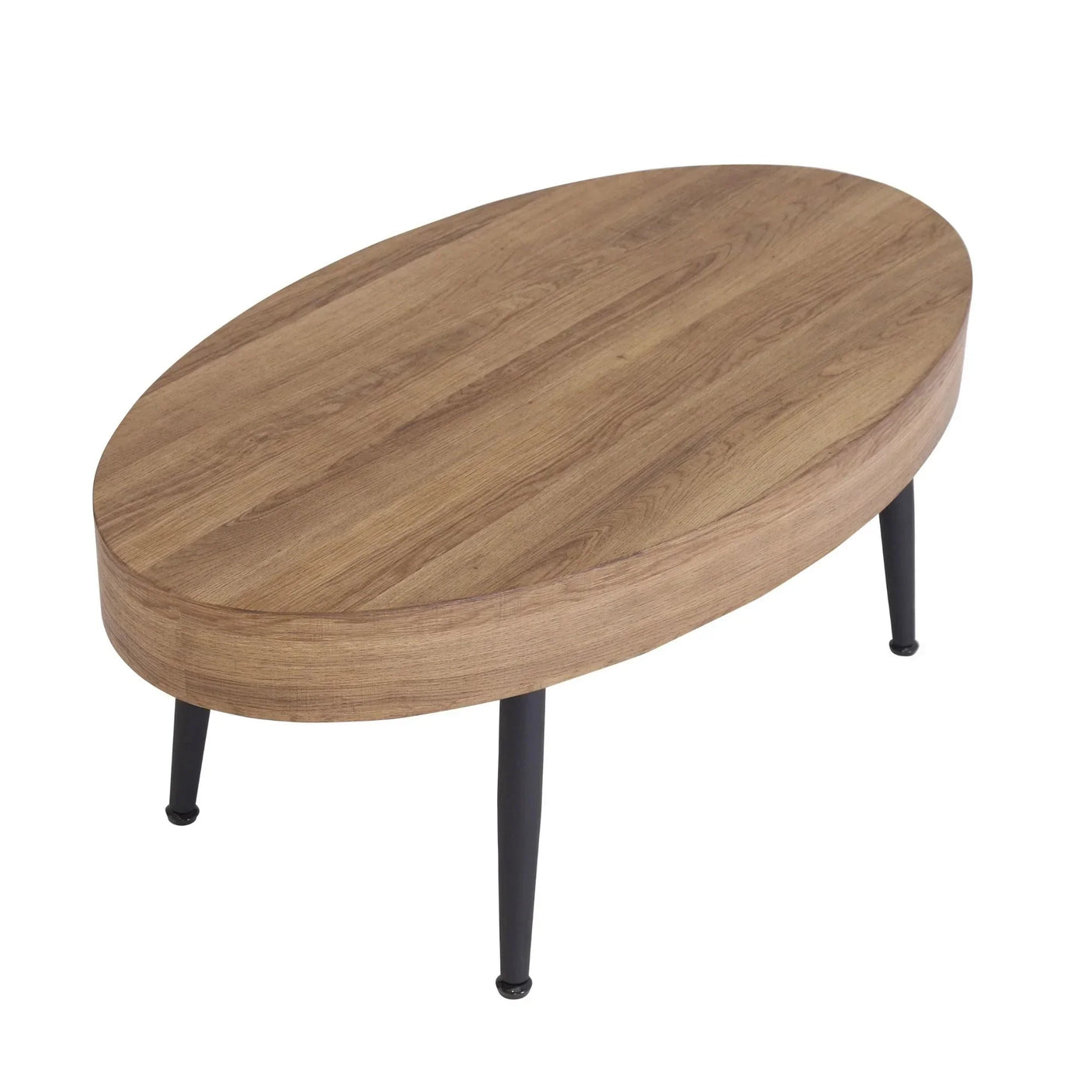 Oval oak coffee table with black metal legs, wood grain finish, modern living room furniture