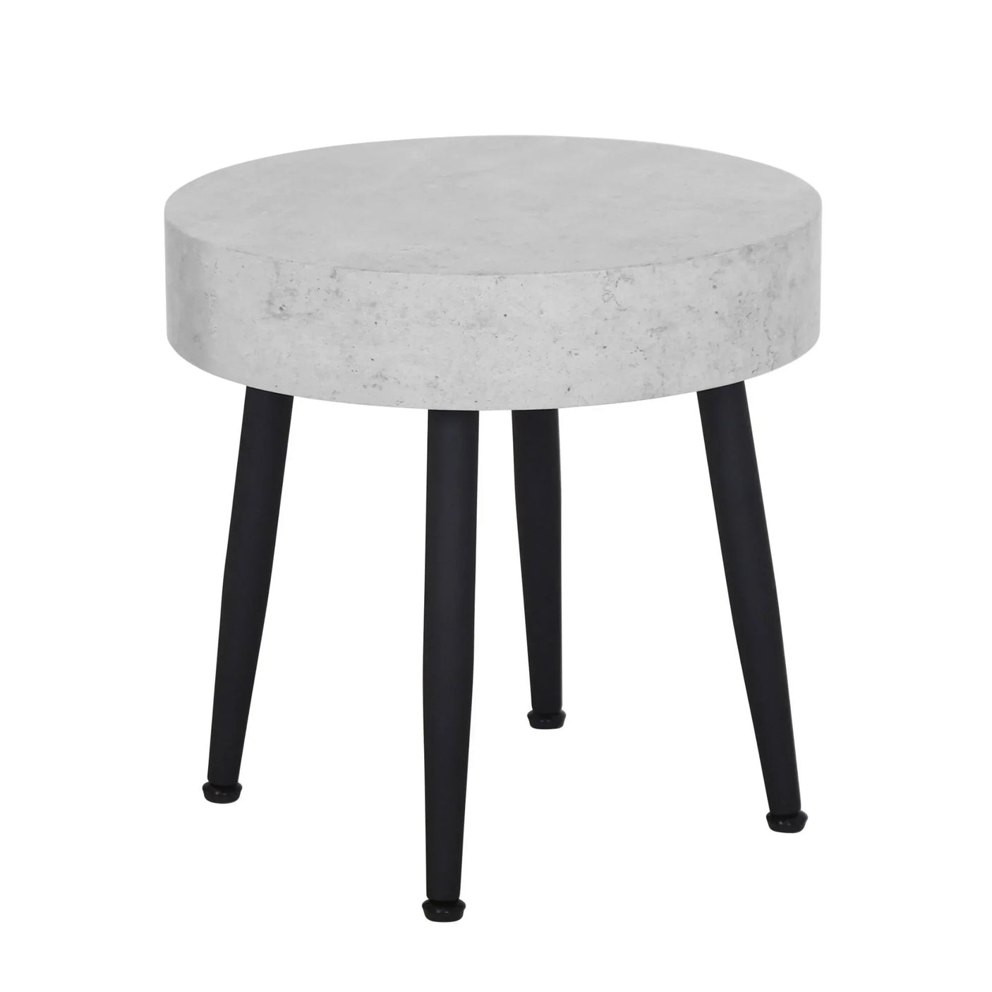 Round concrete side table with black metal legs, modern furniture accent piece