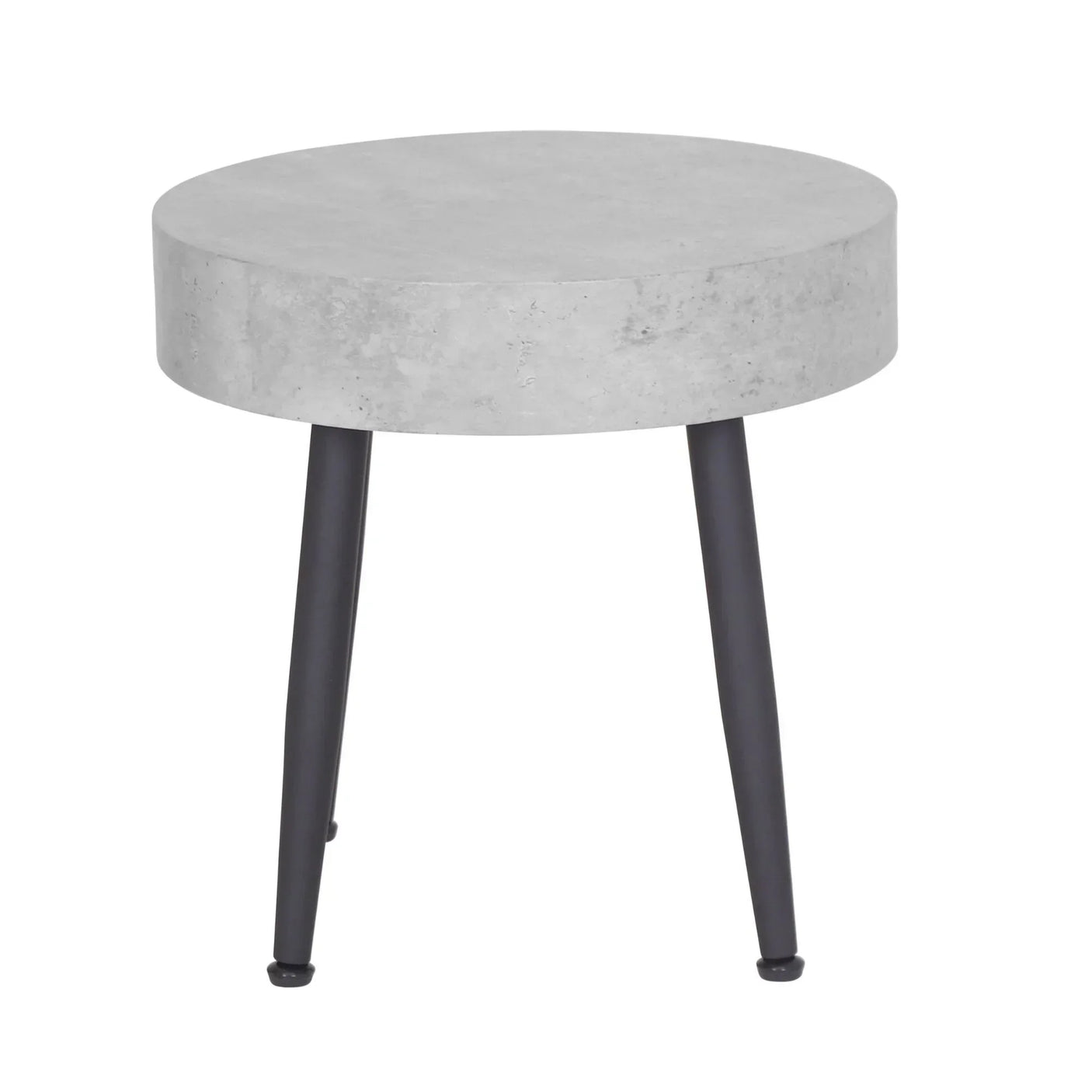 Round concrete side table with black metal legs, minimalist modern furniture