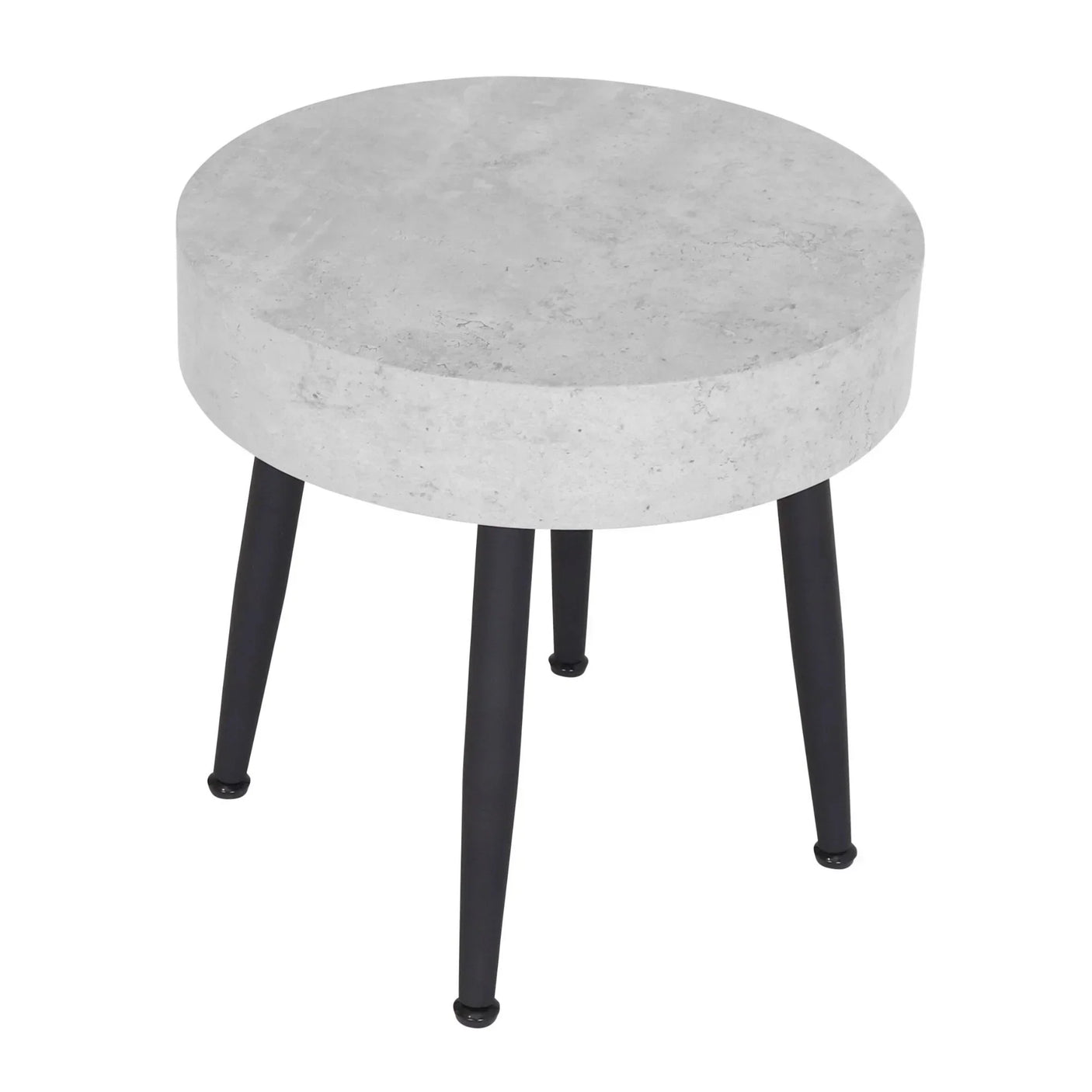 Round concrete side table with black metal legs against white background