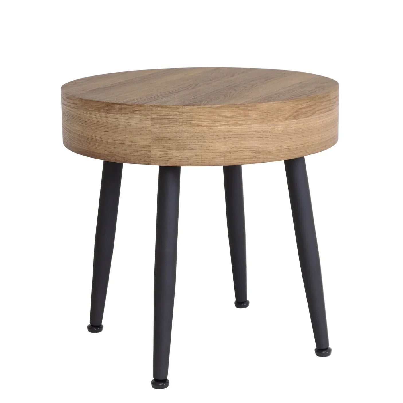 Round oak side table with black tapered legs, shown at an angled front view