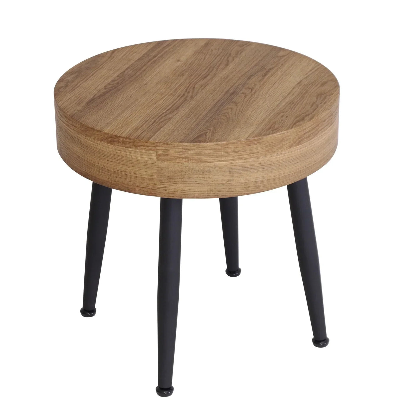 Round oak side table with black metal legs, modern design