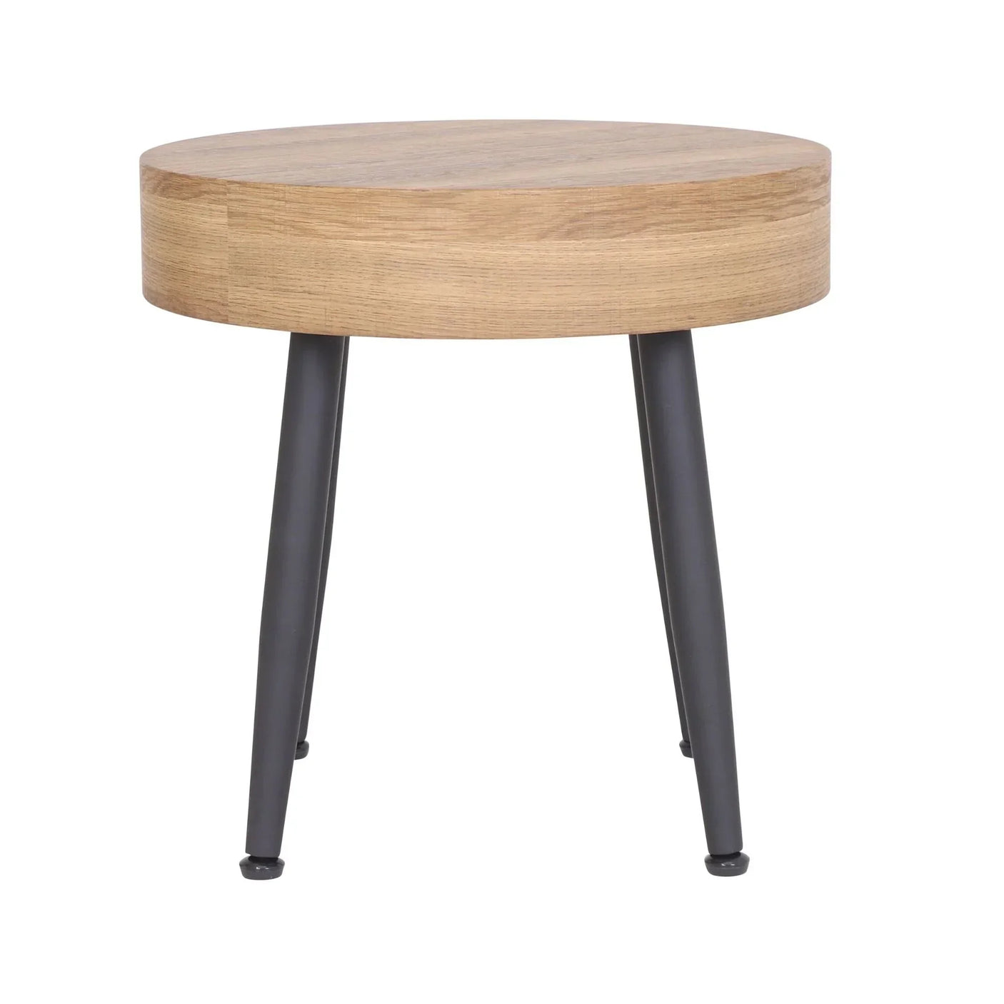 Round oak side table with black metal legs on white background