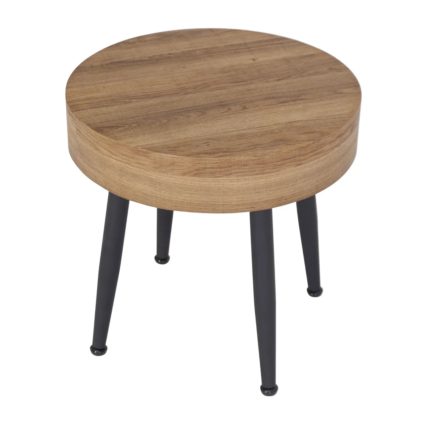 Round oak side table with black metal legs, minimalist design, suitable for living rooms