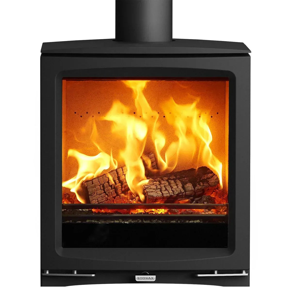Modern black wood burning stove with visible fire and logs in the grate