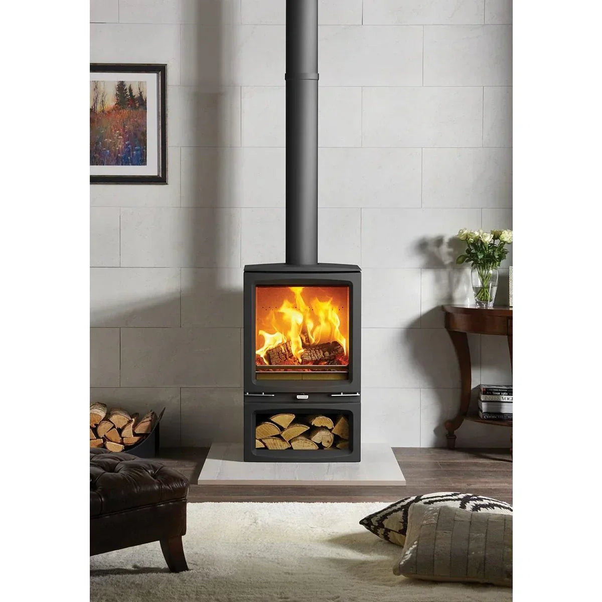 Modern wood burning stove with visible fire and log storage in contemporary living room