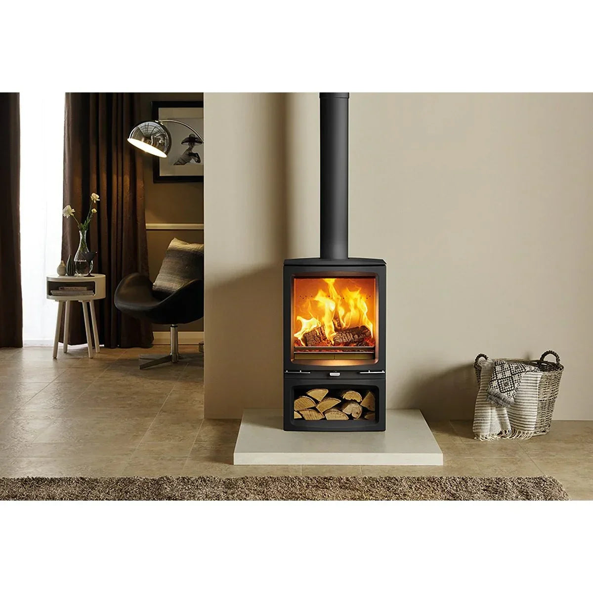 Modern wood burning stove with log storage in contemporary living room setting