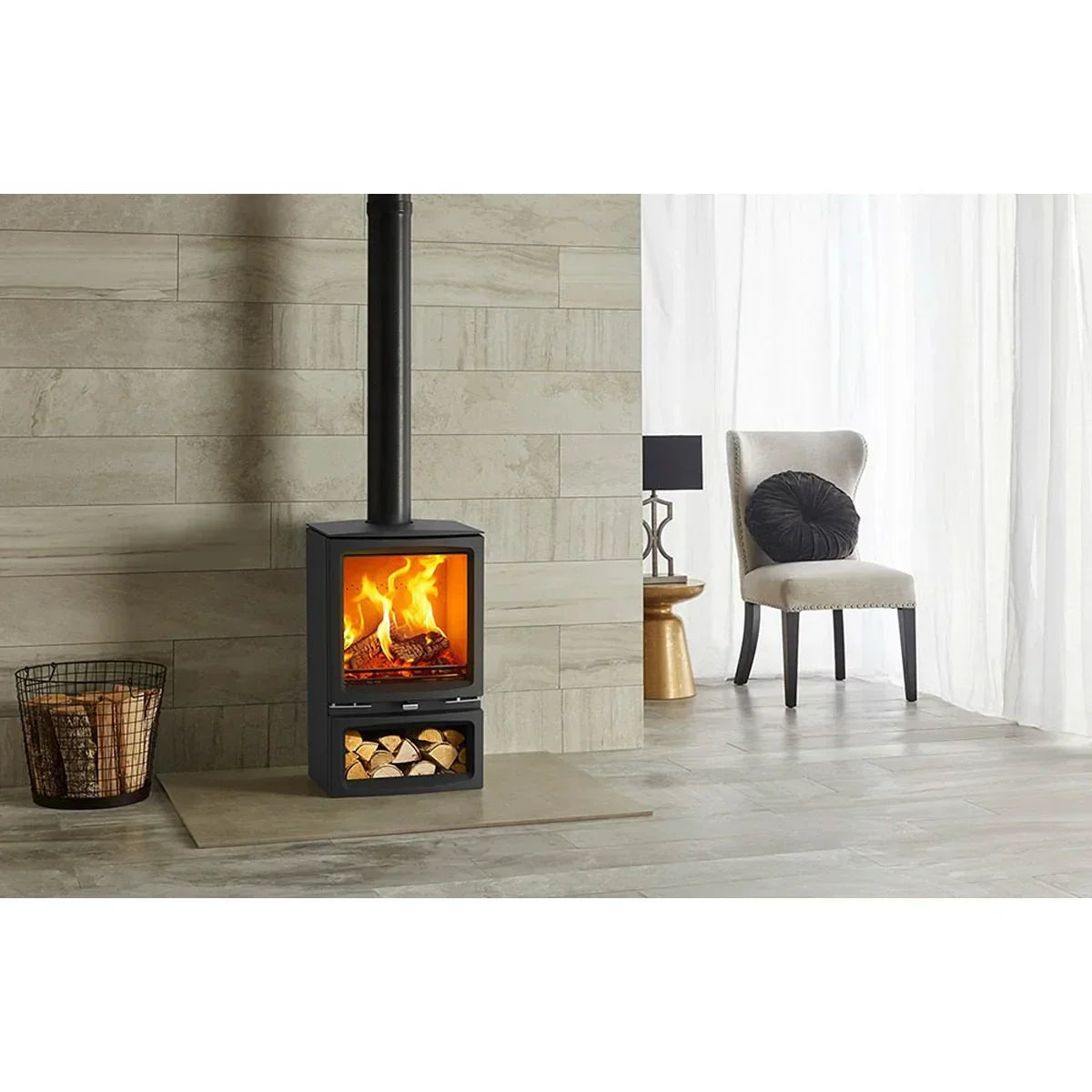Modern wood burning stove with log storage in contemporary living room setting