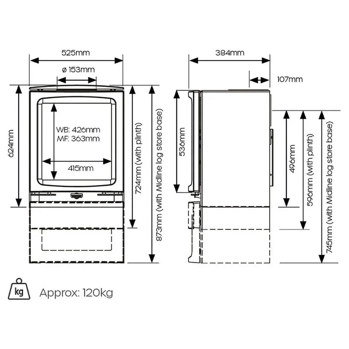 Wood burning stove technical drawing with dimensions and weight details