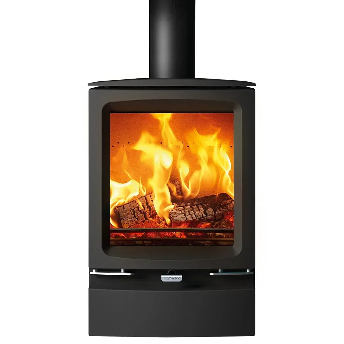 Black wood burning stove with large glass front showing flames and burning logs