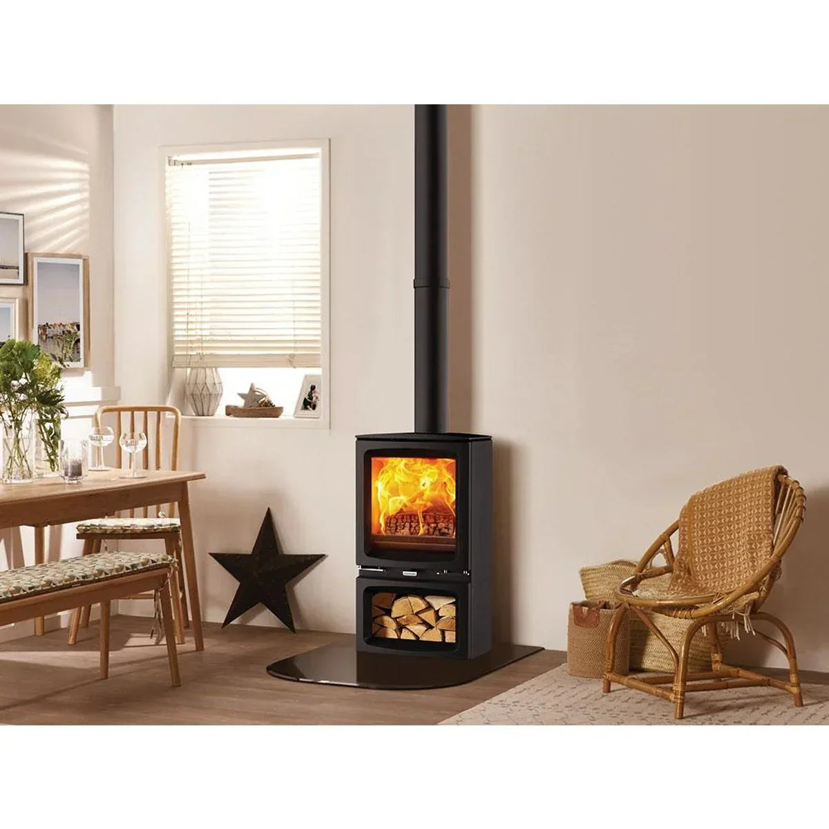 Modern wood burning stove with log storage in cosy living room setting